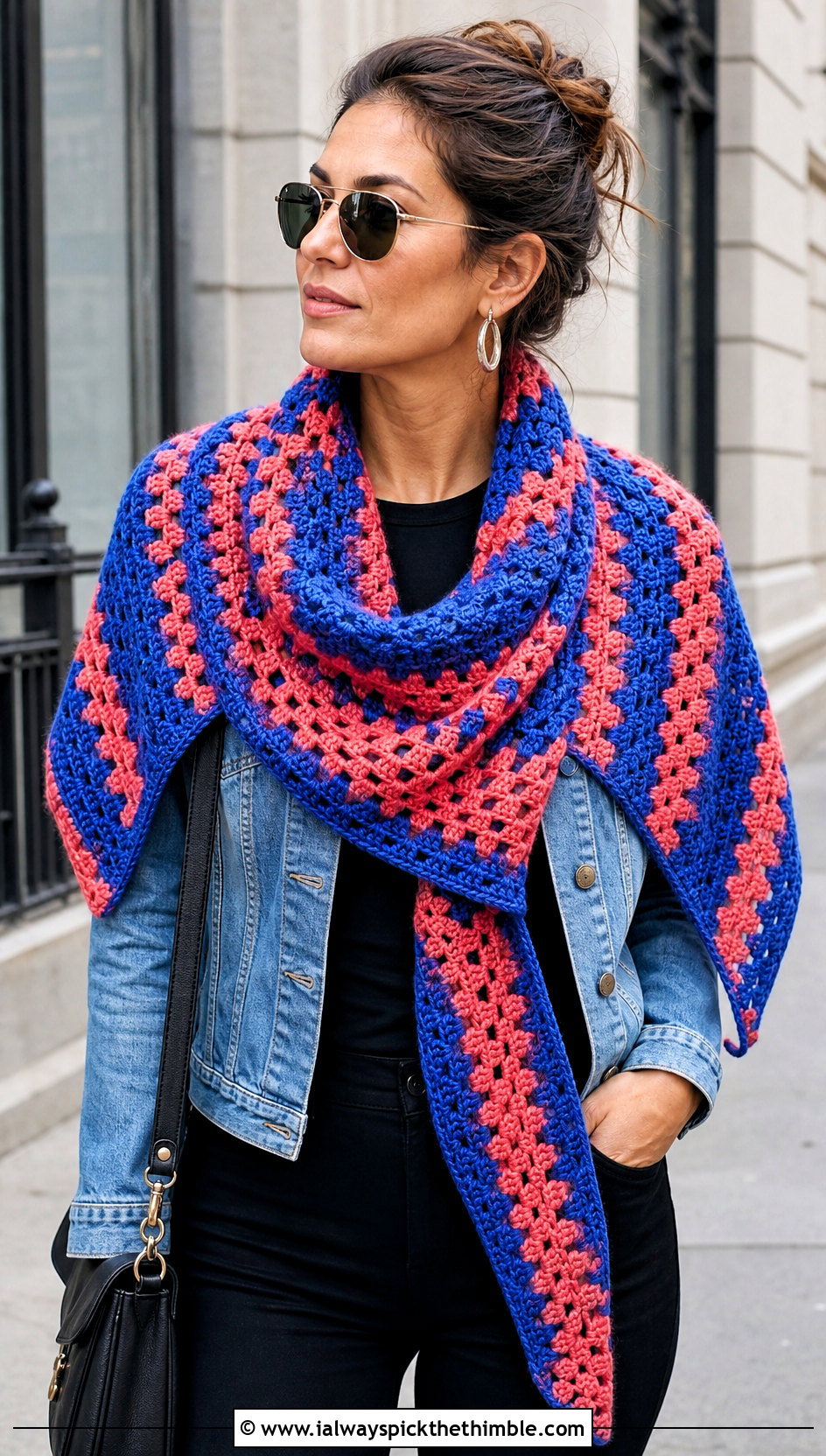 Granny Stitch Triangle Crochet Shawl With Denim Jacket - 20 easy triangle crochet shawl outfit ideas