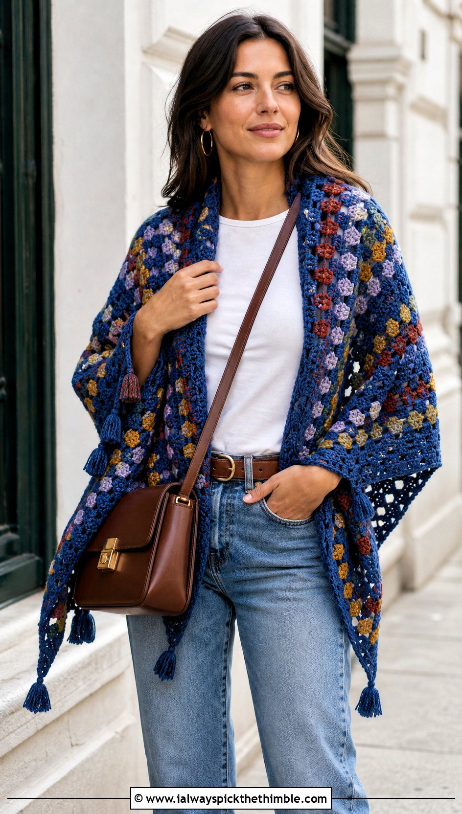 Granny Stitch Triangle Crochet Shawl With Jeans - 25 triangle crochet shawl outfit ideas