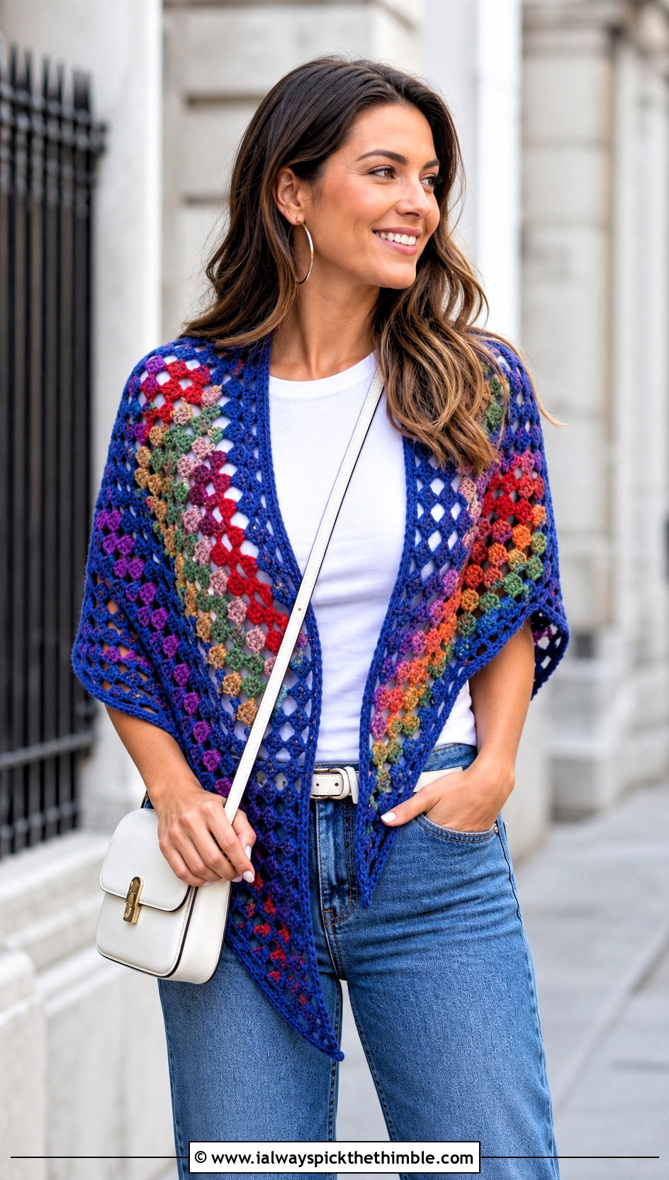 Granny Stitch Triangle Crochet Shawl With Straight Leg Jeans - 20 triangle crochet shawls outfit ideas