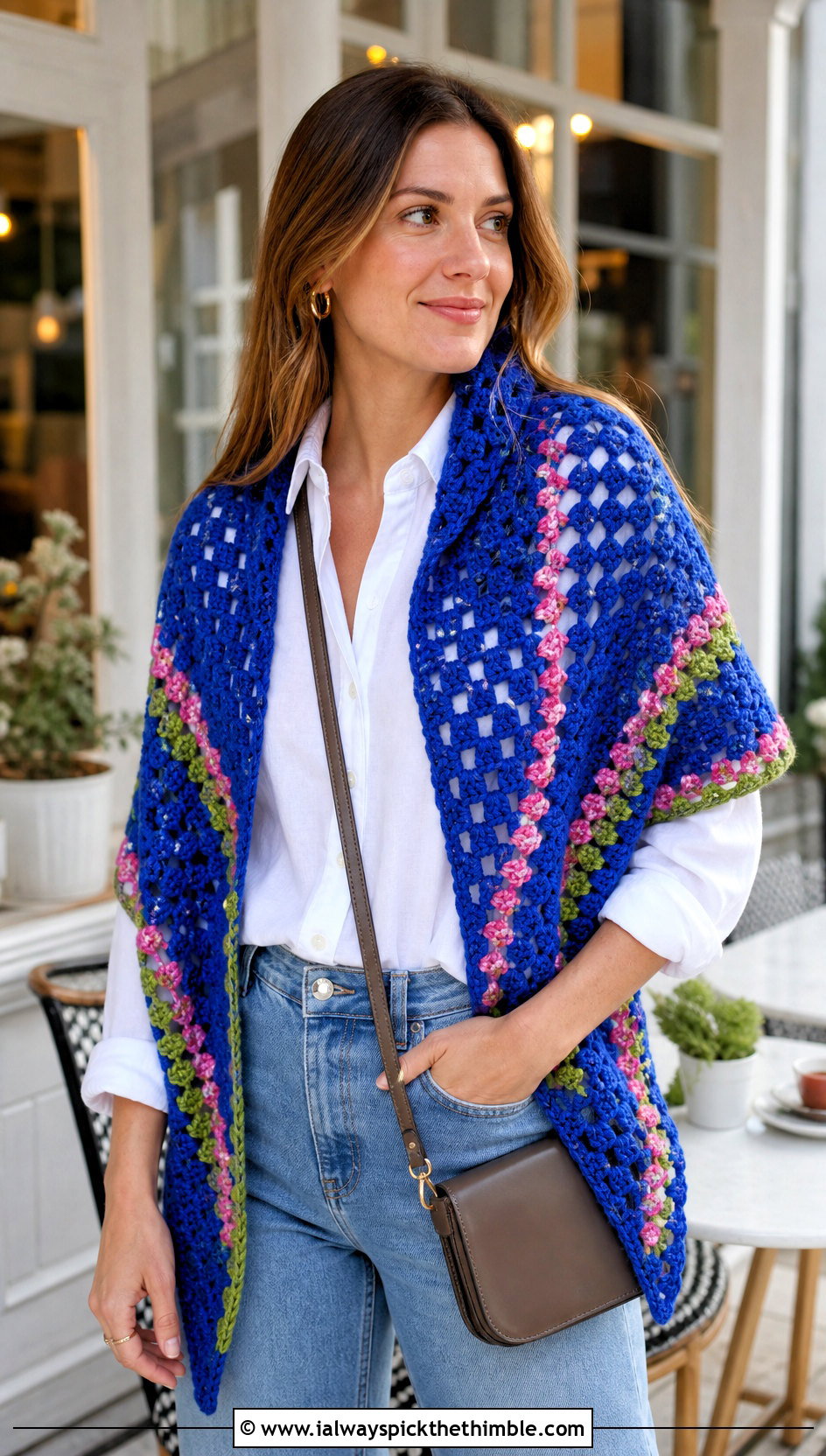 Granny Stitch Triangle Crochet Shawl With White Shirt And Jeans - 15 Beginner Triangle Crochet Shawl outfit ideas