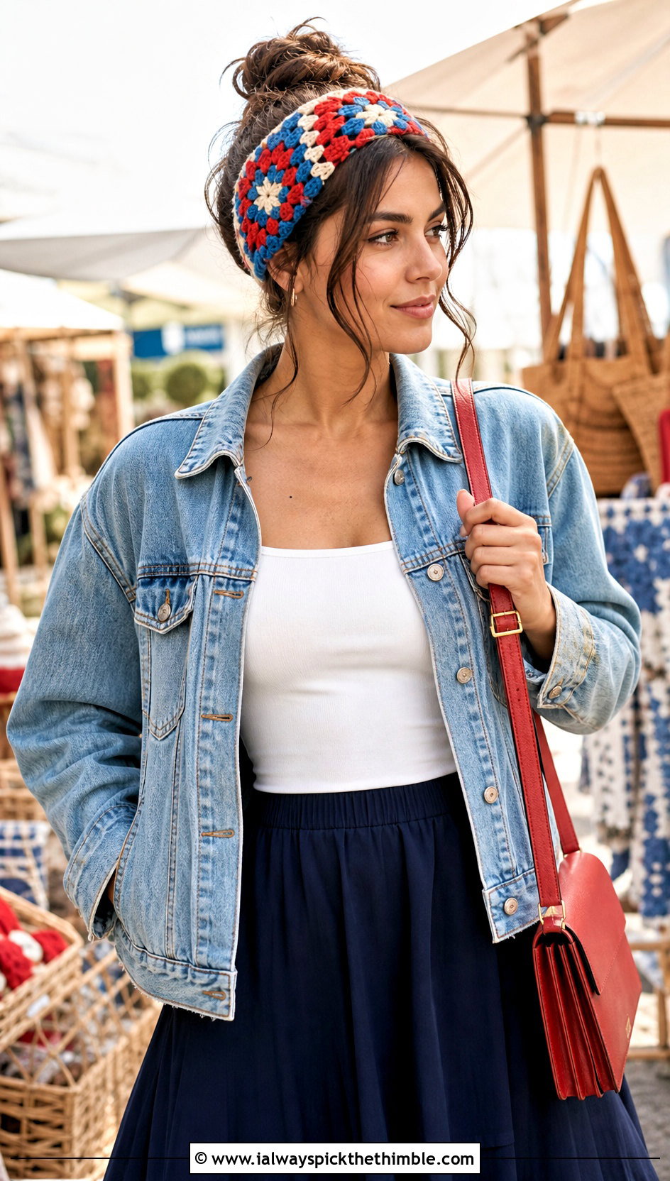 Granny Stitch Triangle Headband With Denim Jacket And Maxi Skirt - 20 crochet triangle headband outfit ideas