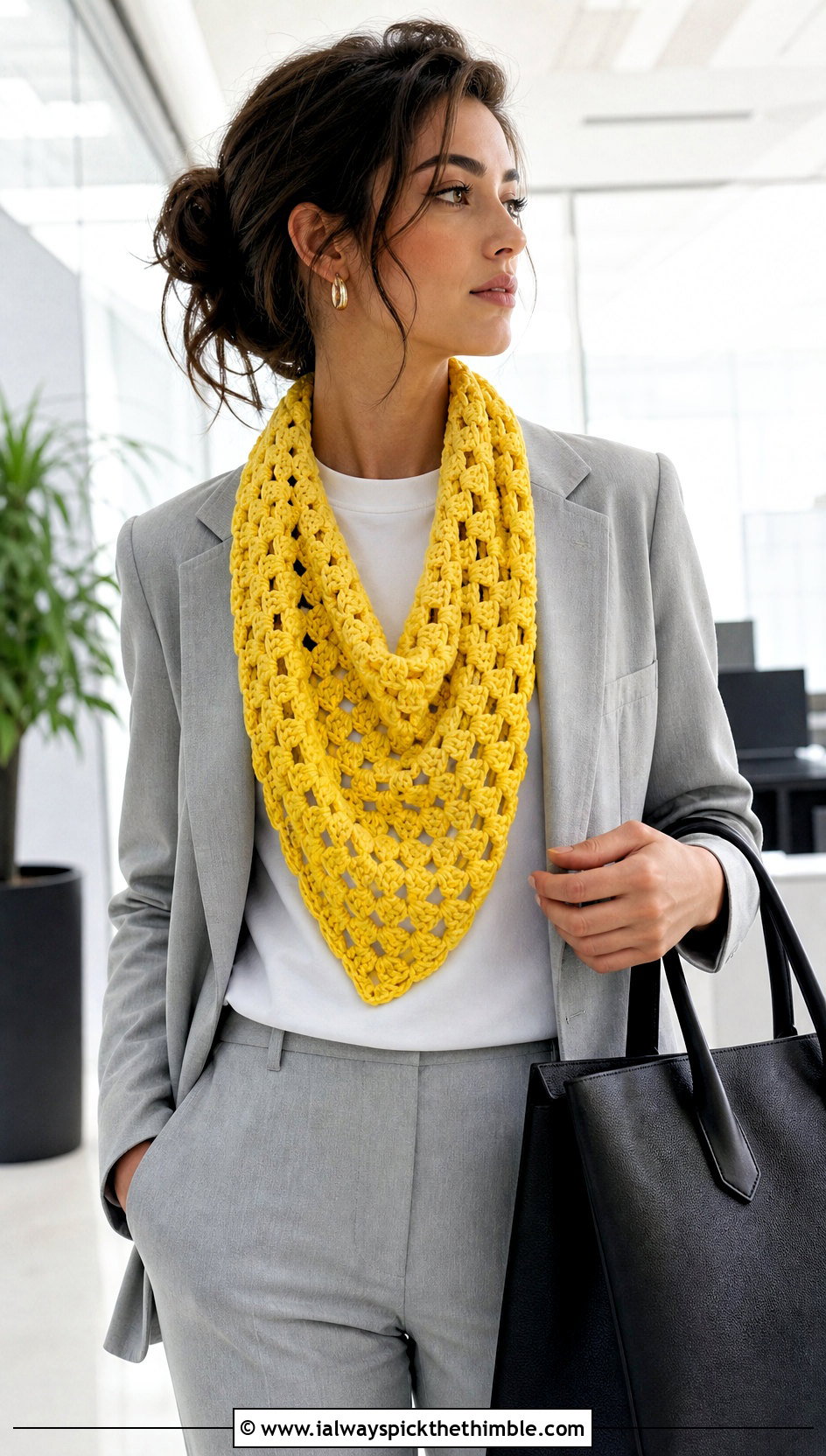 Granny Stitch Triangle Shawl With Blazer And Trousers - 20 easy crochet triangle shawl outfit ideas