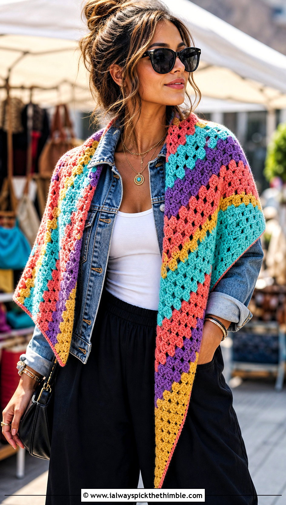 Granny Stitch Triangle Shawl With a Denim Jacket - 20 one skein crochet shawl outfit ideas