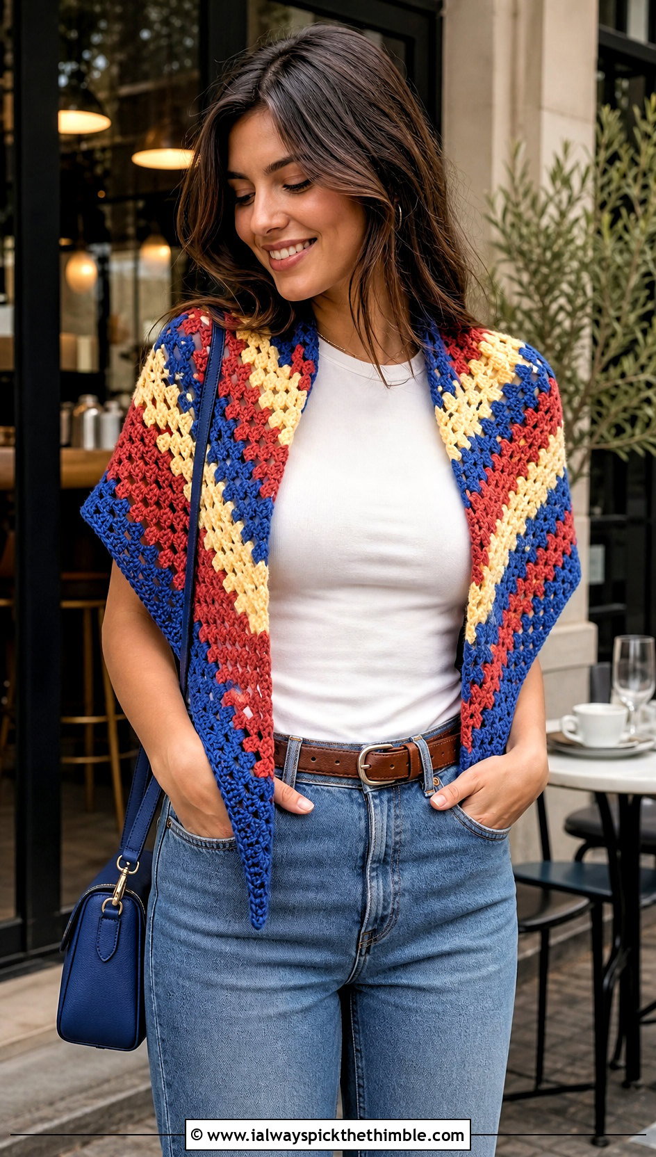 Granny Stitch Triangular Crochet Shawl With Jeans - 20 triangular crochet shawl outfit ideas