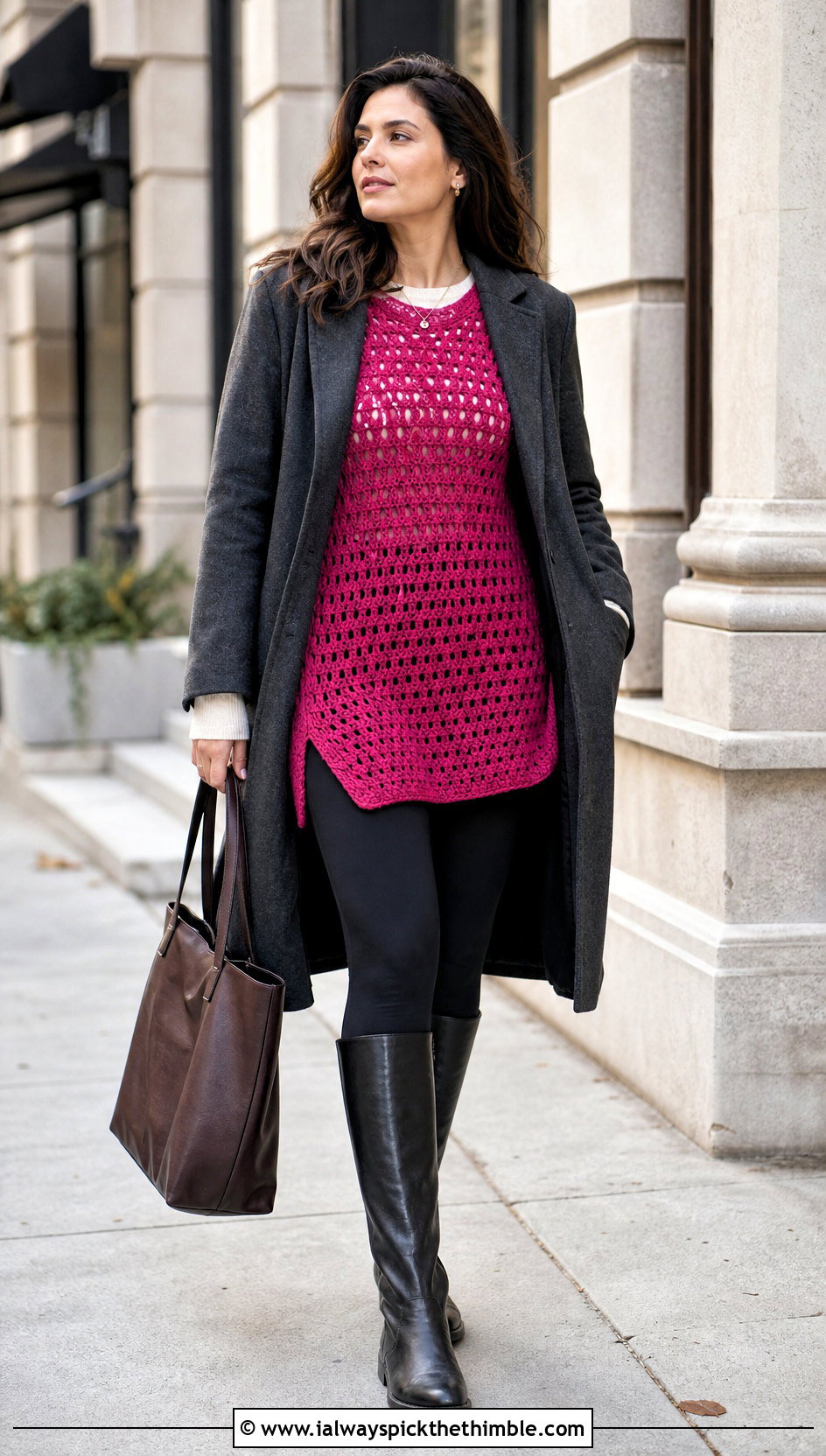 Granny Stitch Tunic Top With Leggings And Tall Boots - 25 crochet granny stitch top outfit ideas