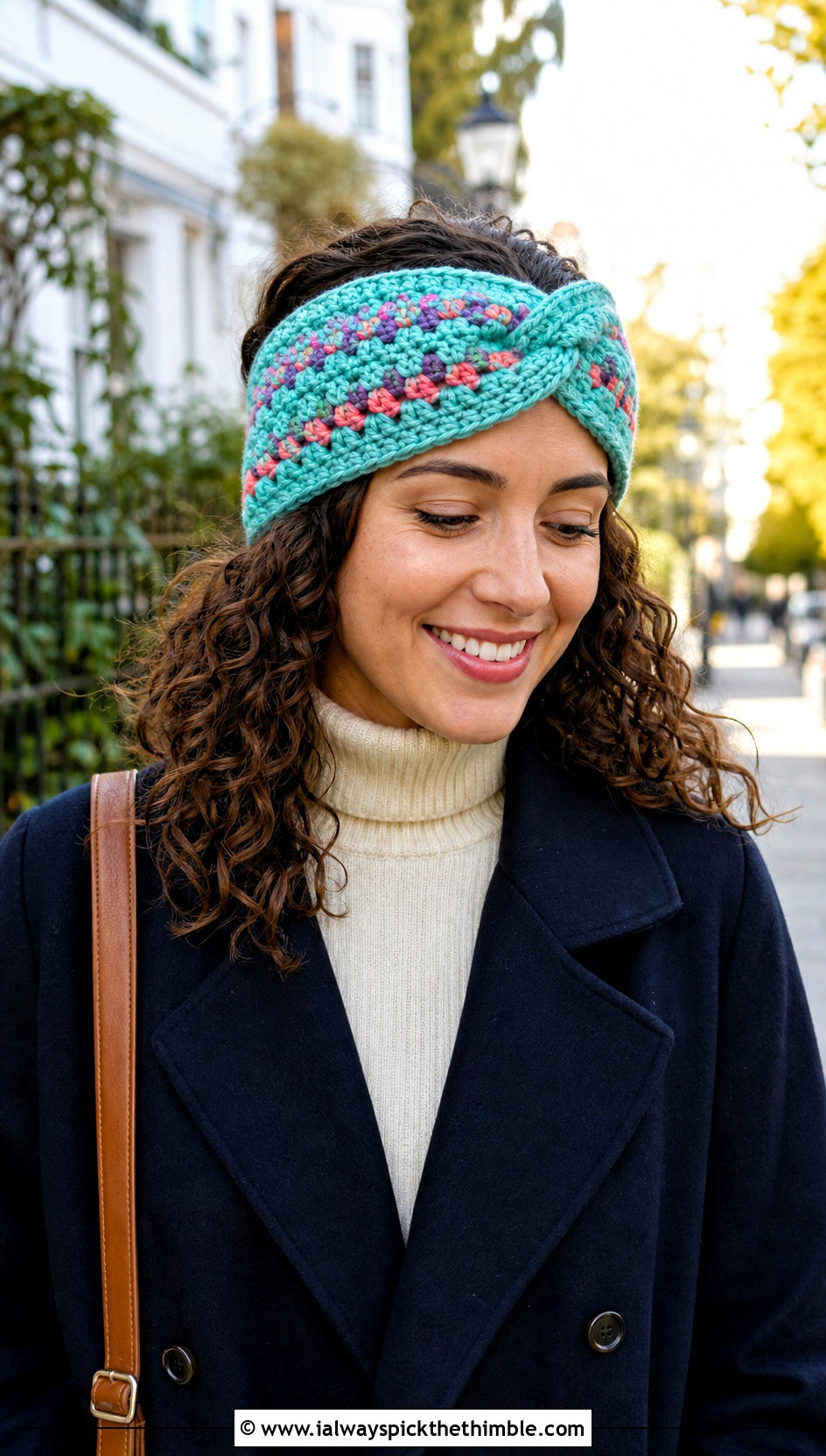 Granny Stitch Twist Crochet Ear Warmer With Peacoat - 20 twist crochet ear warmer outfit ideas