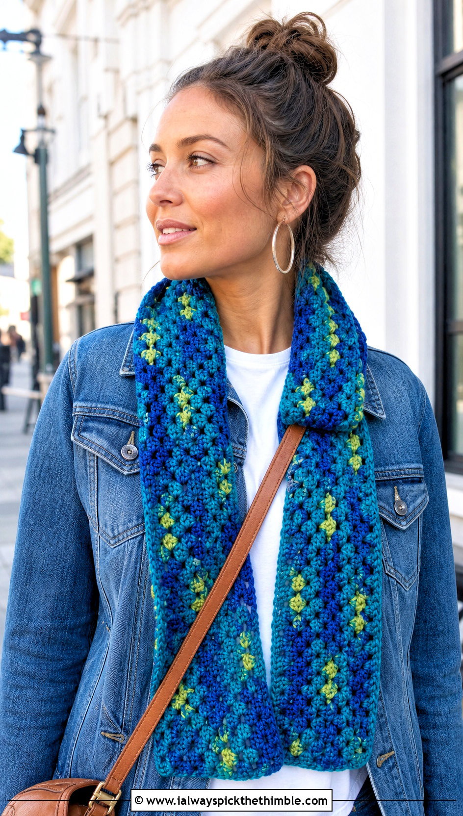 Granny Stitch Variegated Crochet Scarf With Denim Jacket - 20 Variegated Yarn Crochet Scarf outfit ideas