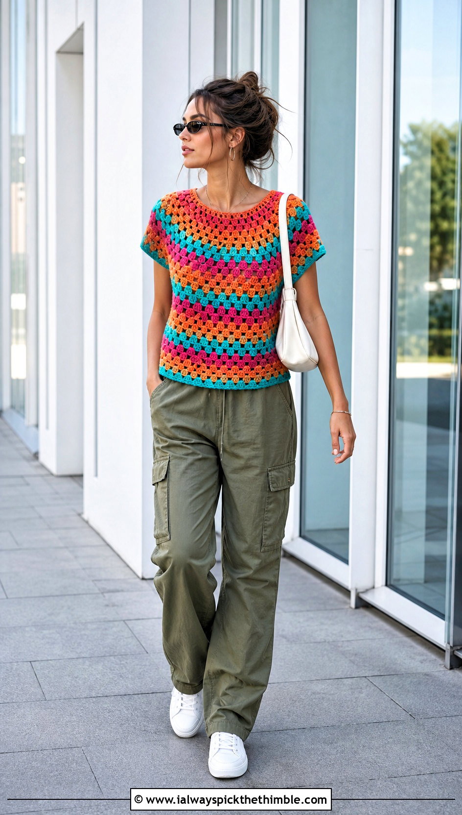 Granny Stitch Yoke Crochet Shirt With Cargo Pants - 15 Crochet Yoke Shirt outfit ideas