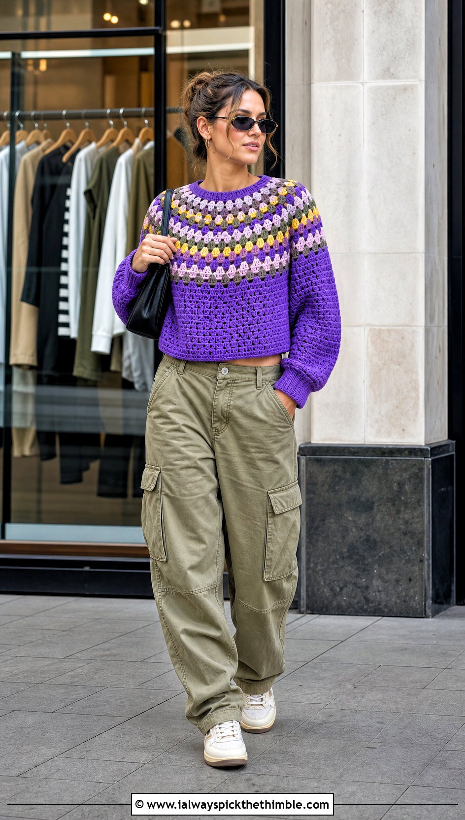 Granny Stitch Yoke Crochet Sweater With Cargo Pants - 20 Yoke Down Crochet Sweater outfit ideas