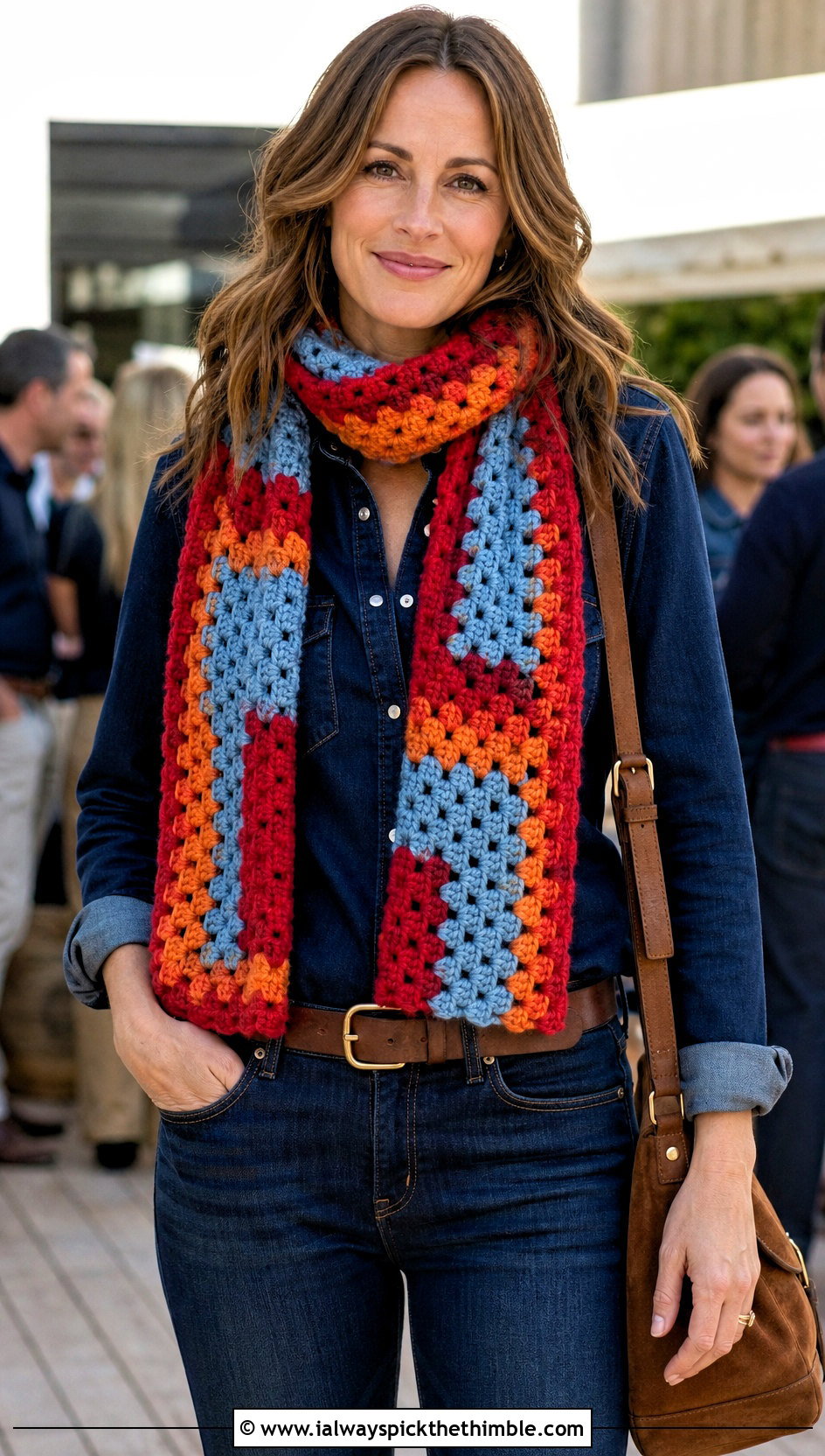 Granny Stripe Bonfire Scarf With Dark Denim - 20 Crochet Bonfire Scarf outfit ideas