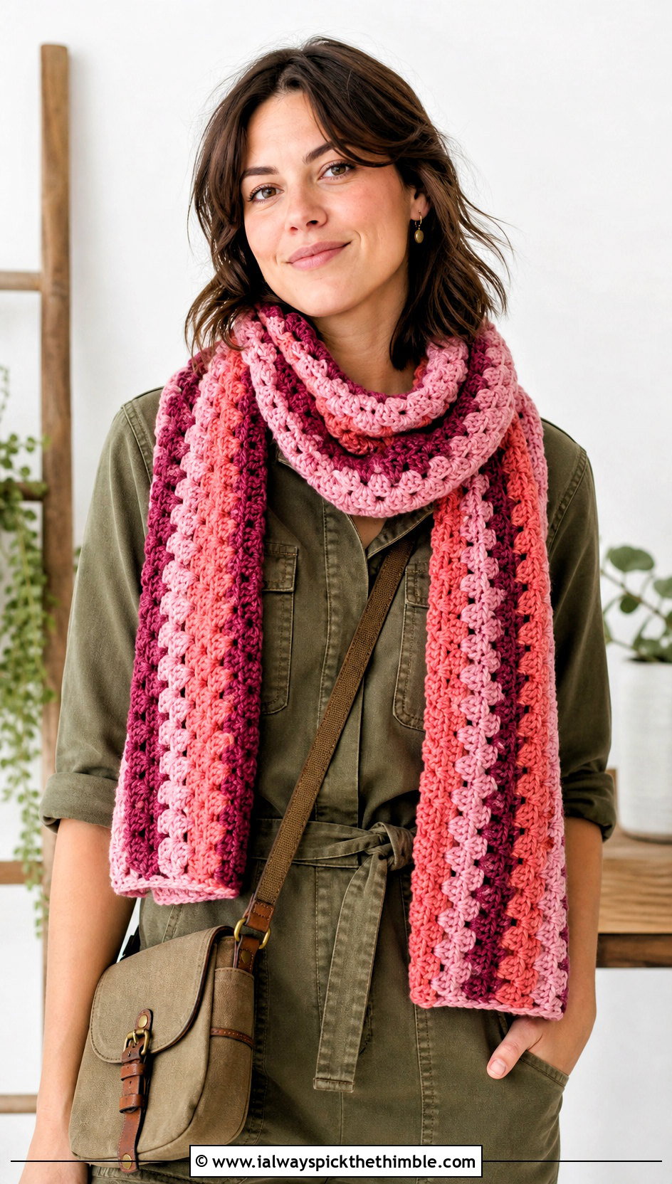 Granny Stripe Bulky Yarn Crochet Scarf With Utility Jumpsuit - 20 bulky yarn crochet scarf outfit ideas