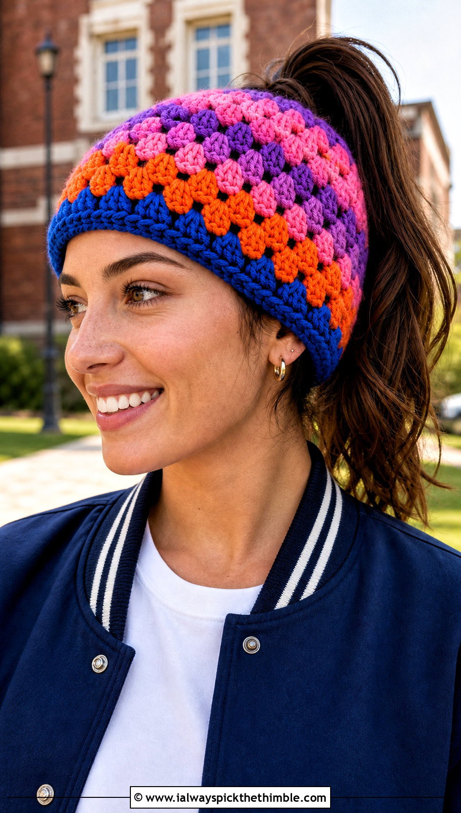 Granny Stripe Bun Crochet Beanie With Varsity Jacket And Jeans - 20 Bun Crochet Beanie outfit ideas