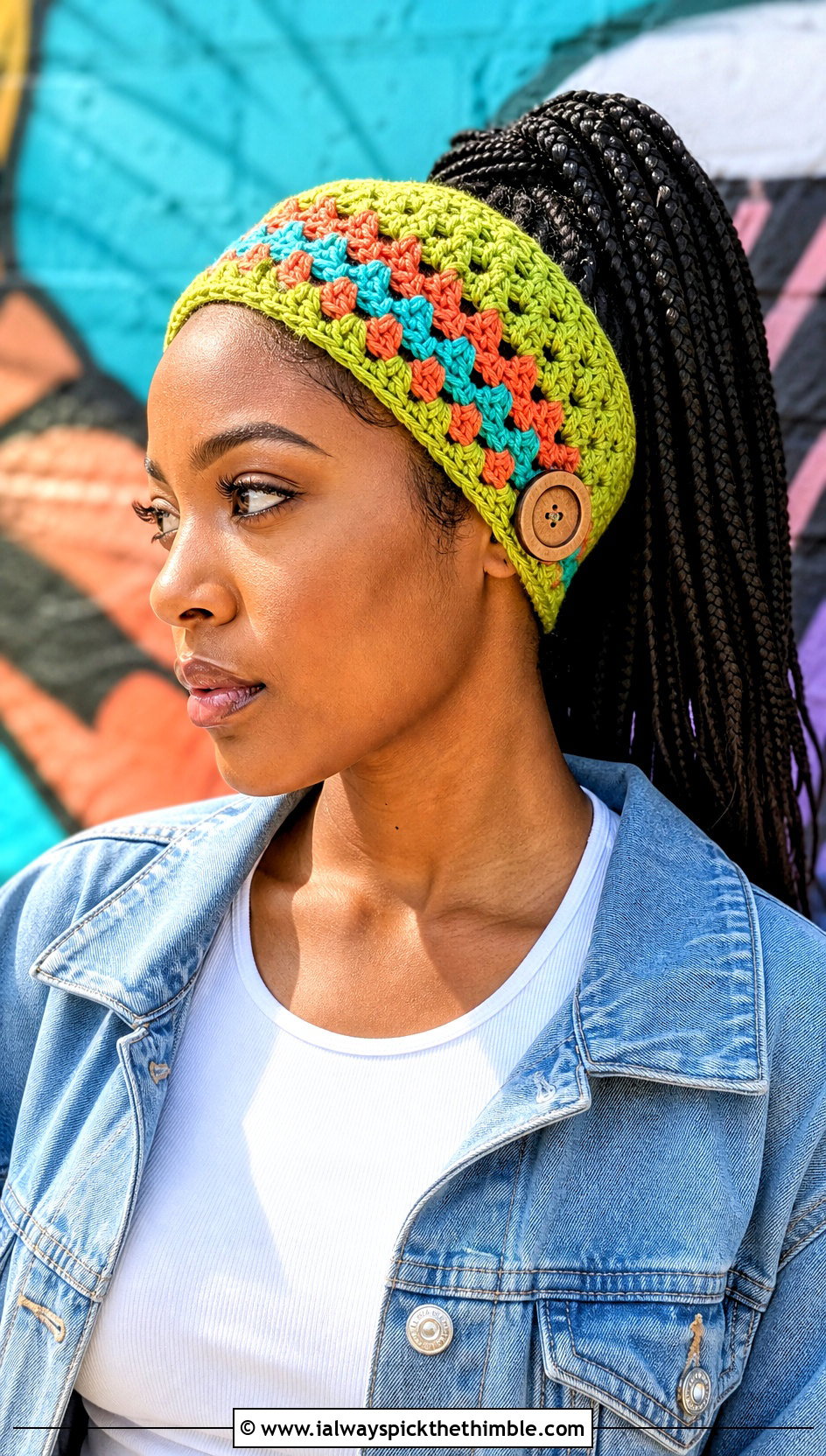 Granny Stripe Button Crochet Headband With Chore Jacket And Cargo Pants - 15 Crochet Button Headband outfit ideas