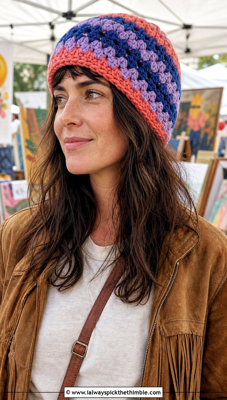 Granny Stripe Chunky Crochet Beanie With Suede Jacket And Denim Skirt - 20 chunky yarn crochet hat outfit ideas
