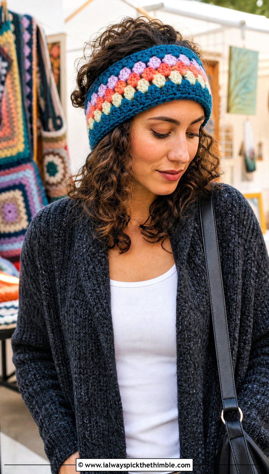 Granny Stripe Chunky Yarn Crochet Ear Warmer With Long Cardigan - 20 chunky yarn crochet ear warmer outfit ideas