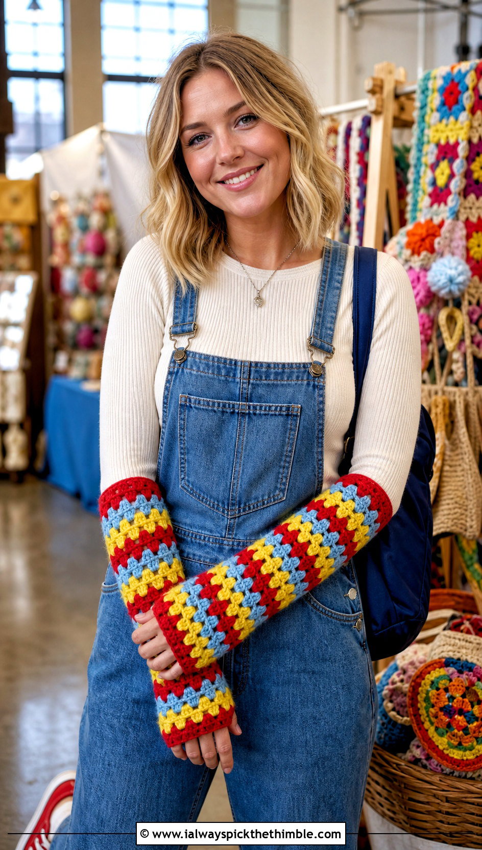 Granny Stripe Crochet Arm Warmers With Denim Overalls - 15 Striped Crochet Arm Warmers outfit ideas