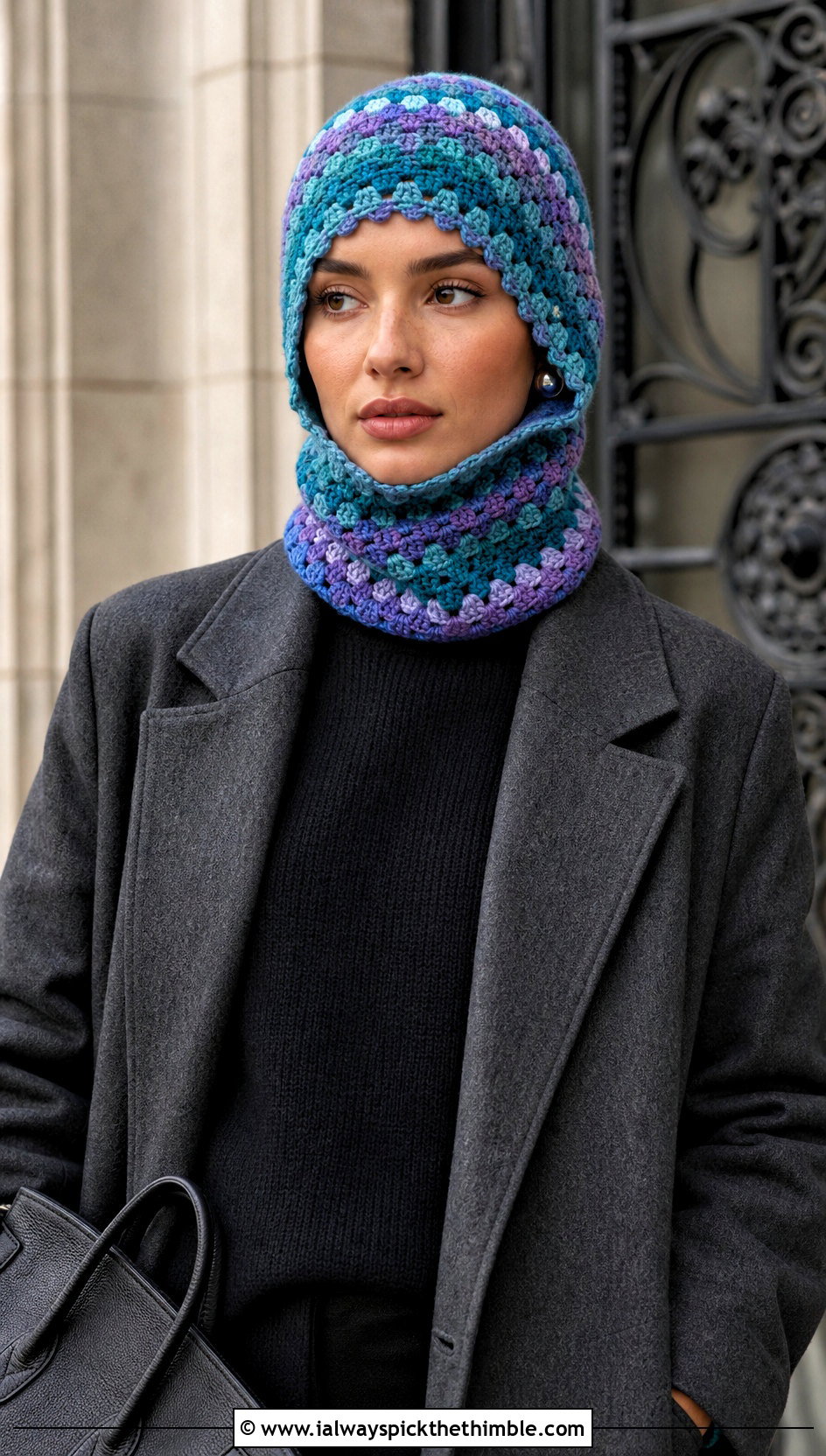 Granny Stripe Crochet Balaclava With Tailored Coat - 15 Striped Crochet Balaclava outfit ideas