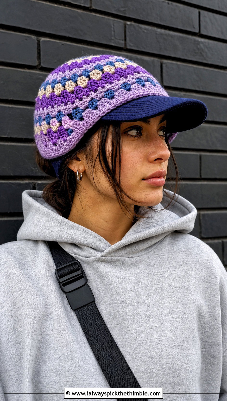 Granny Stripe Crochet Baseball Cap Ear Warmer With Hoodie And Cargo Pants - 20 crochet baseball cap ear warmer outfit ideas