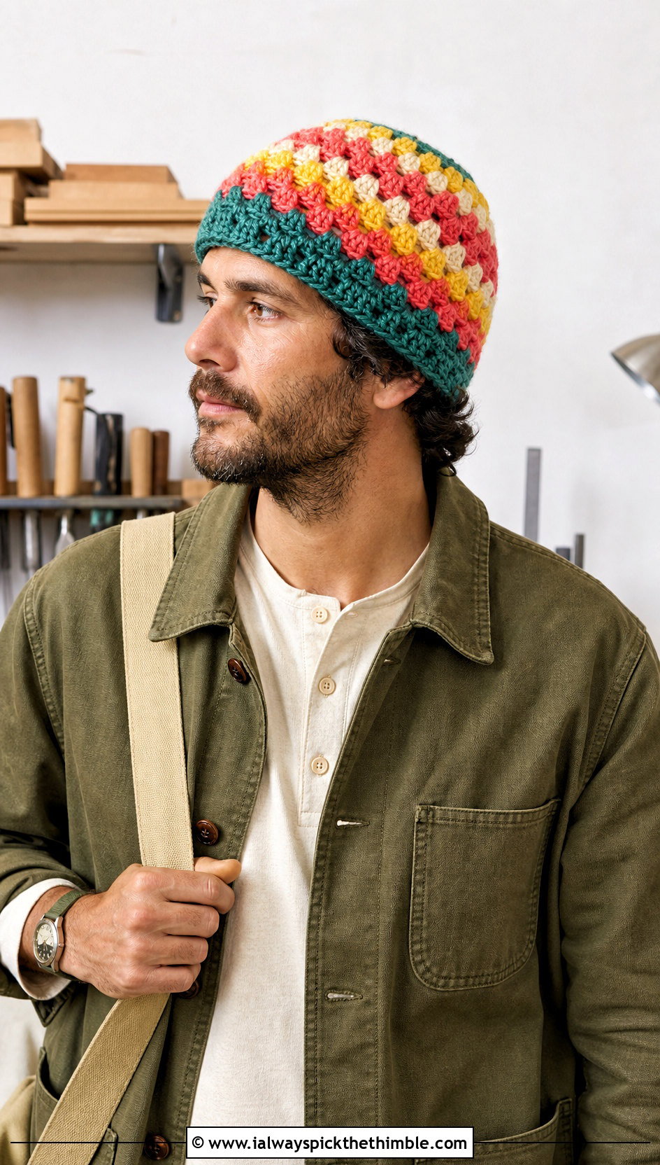 Granny Stripe Crochet Beanie With Chore Coat - 15 mens striped crochet beanie outfit ideas