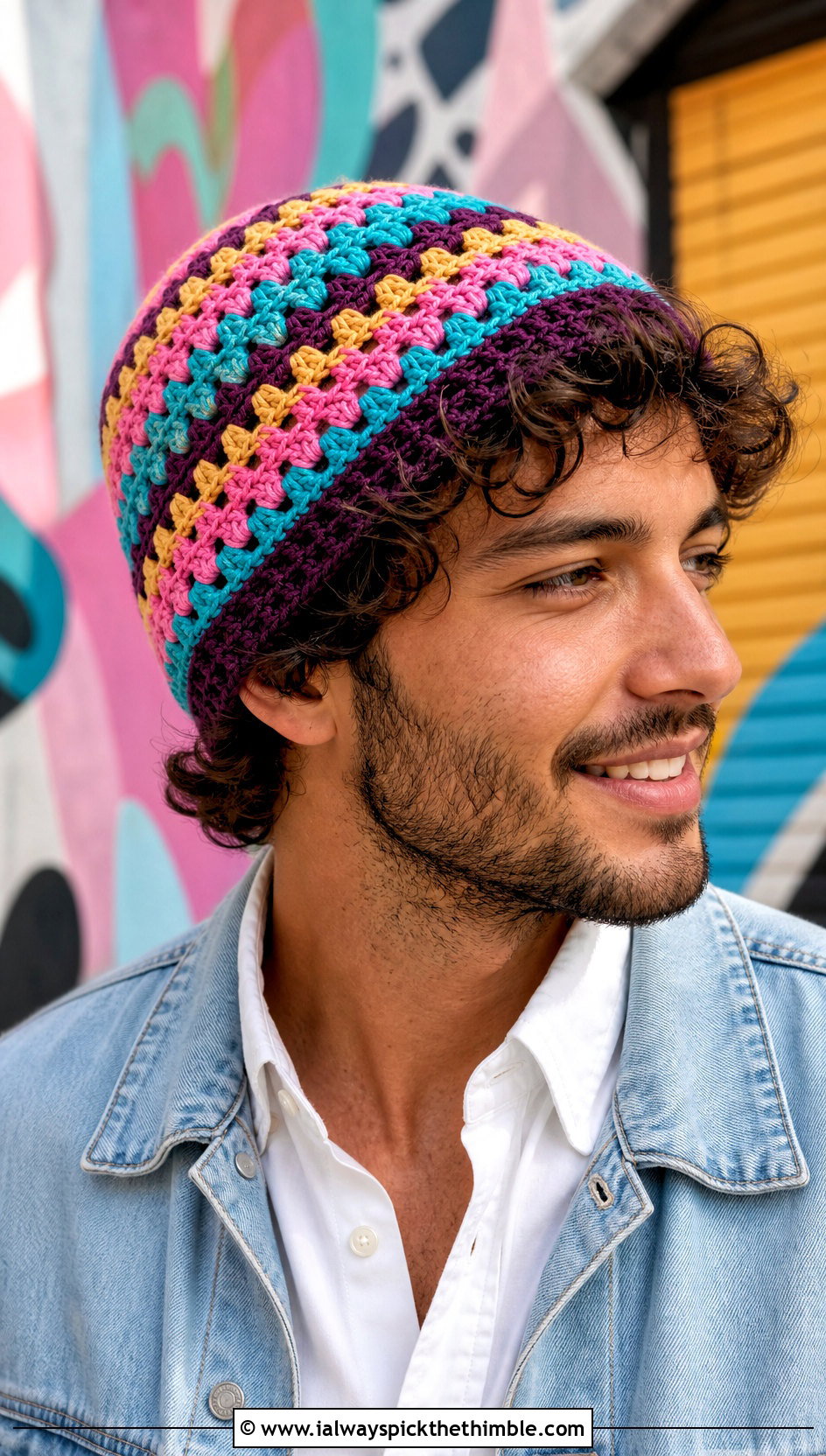 Granny Stripe Crochet Beanie With Denim And Chinos - 20 easy crochet beanie for men outfit ideas
