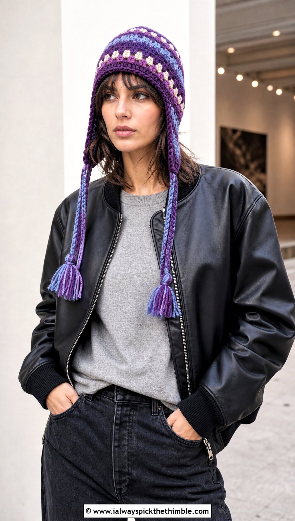 Granny Stripe Crochet Beanie With Earflaps And Leather Bomber - 15 Crochet Beanie With Earflaps outfit ideas
