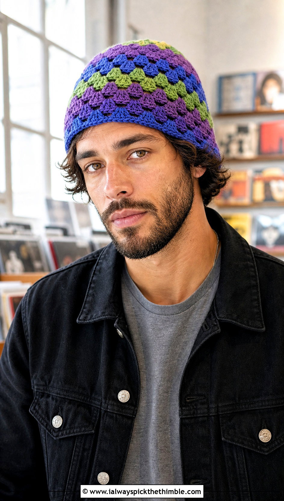 Granny Stripe Crochet Beanie With Trucker Jacket - 20 easy men's crochet beanie outfit ideas