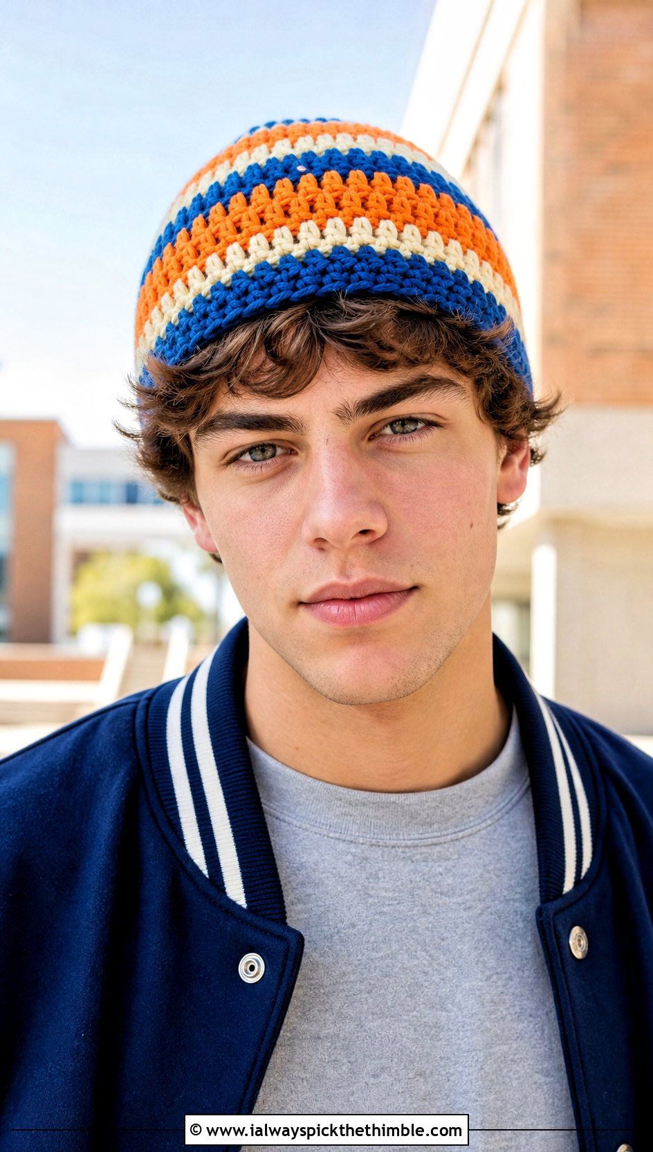 Granny Stripe Crochet Beanie With Varsity Jacket - 25 crochet beanie for men outfit ideas