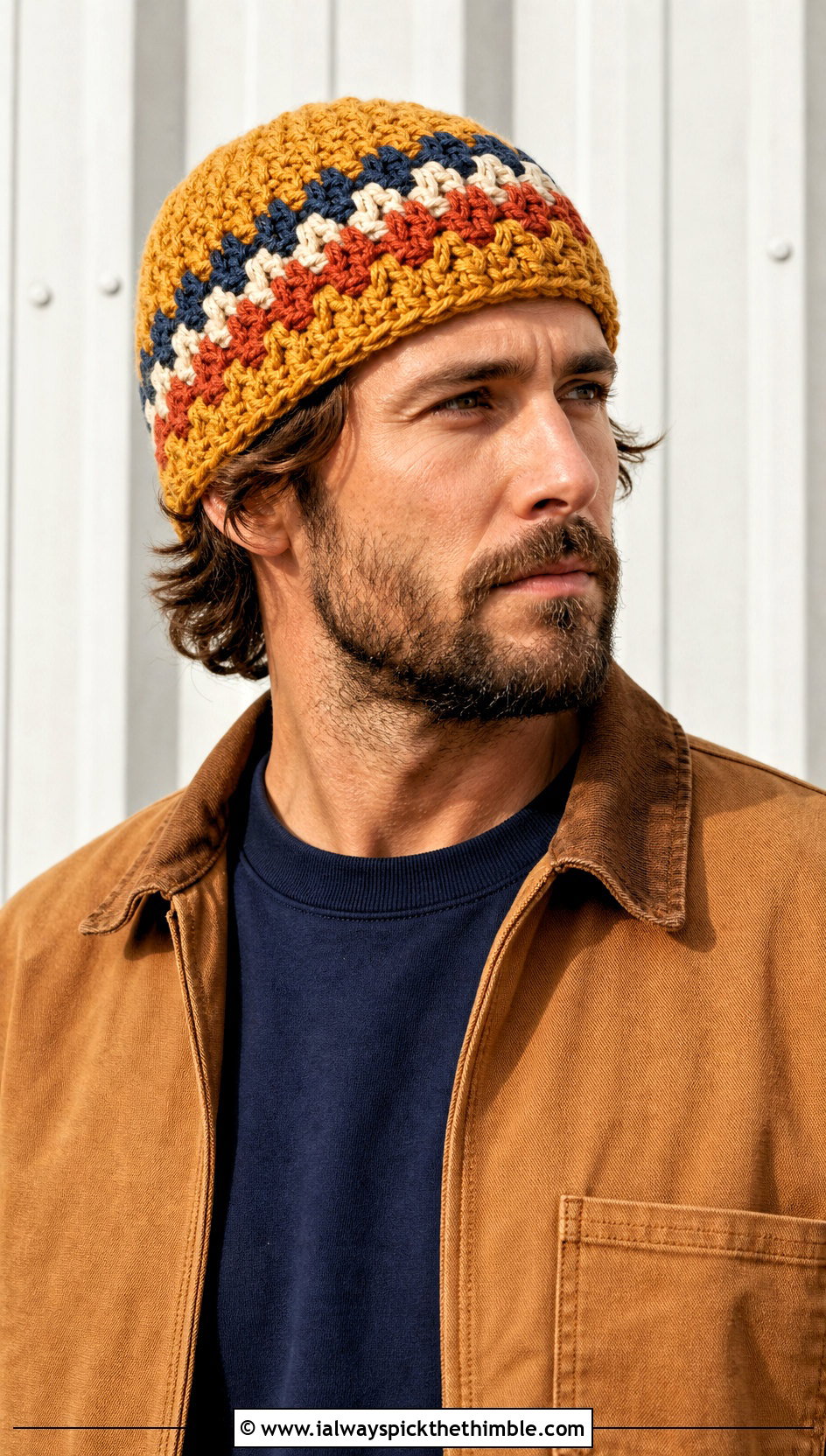 Granny Stripe Crochet Beanie With Workwear Jacket - 20 Crochet Mens Winter Hat outfit ideas