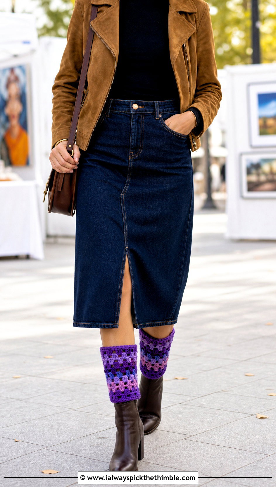 Granny Stripe Crochet Boot Cuffs With Denim Skirt - 25 crochet boot cuffs outfit ideas