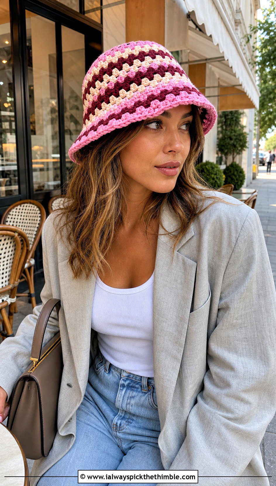 Granny Stripe Crochet Bucket Hat With Blazer And Jeans - 20 summer crochet bucket hat outfit ideas