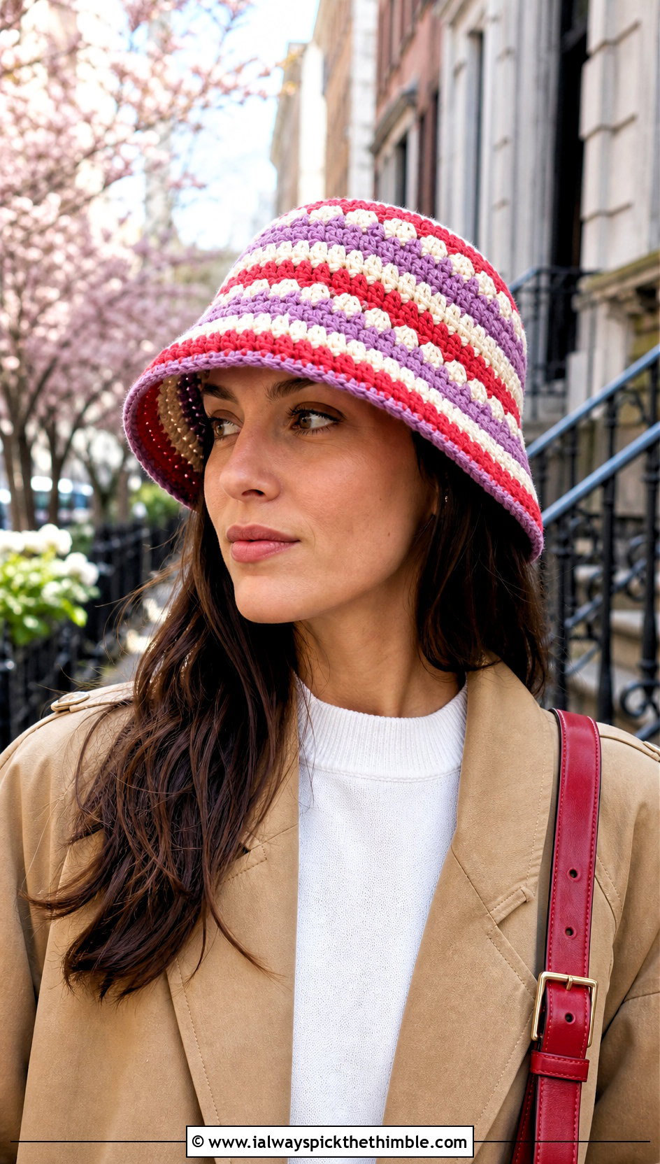 Granny Stripe Crochet Bucket Hat With Trench Coat - 20 crochet adult bucket hat outfit ideas