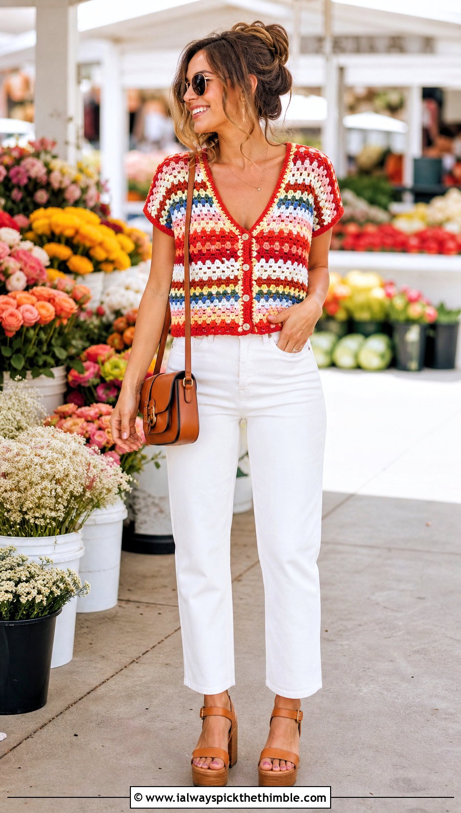 Granny Stripe Crochet Button Top With White Jeans - 20 crochet button top outfit ideas