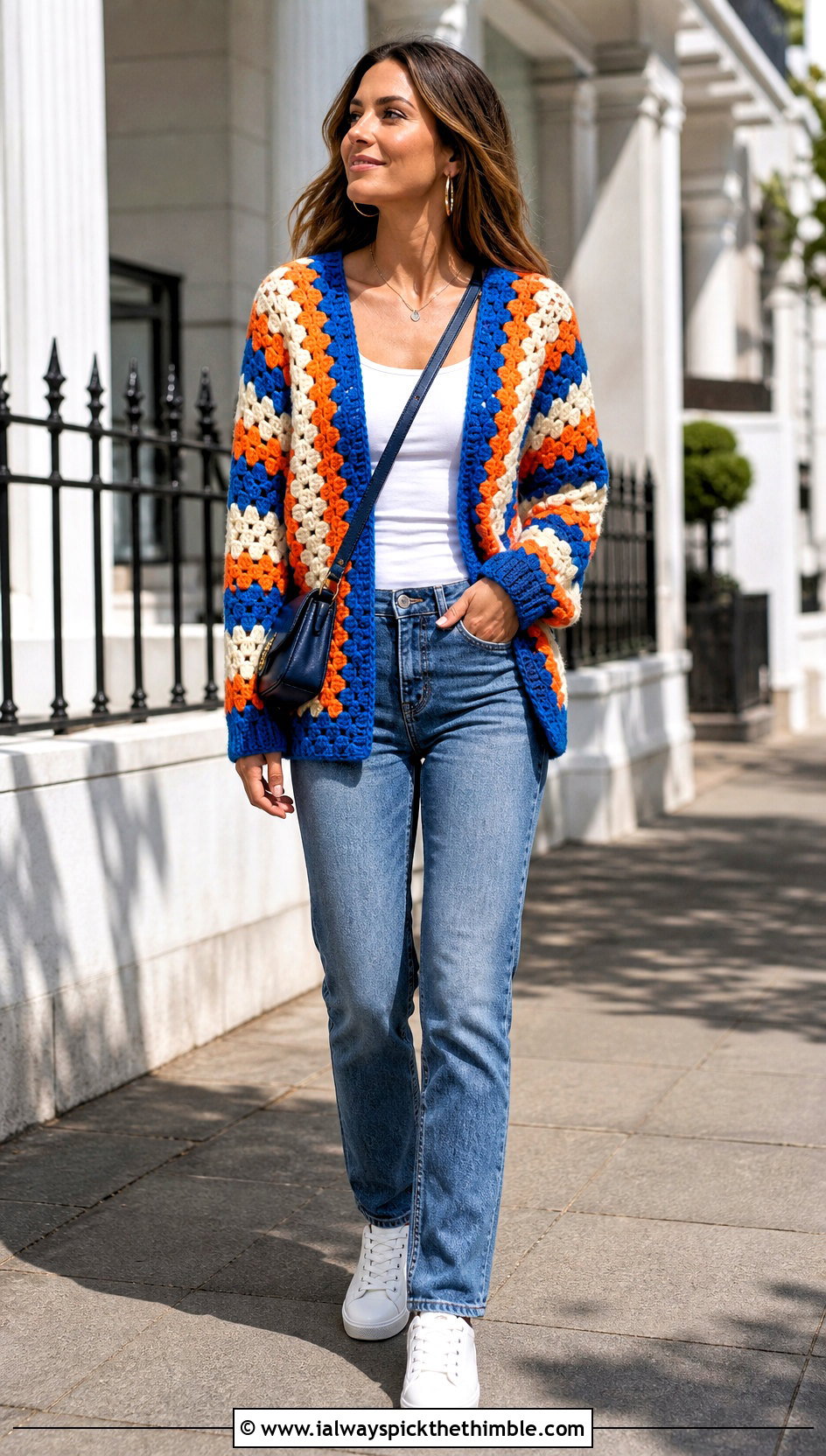 Granny Stripe Crochet Cardigan With Straight Leg Jeans - 25 crochet striped cardigan outfit ideas