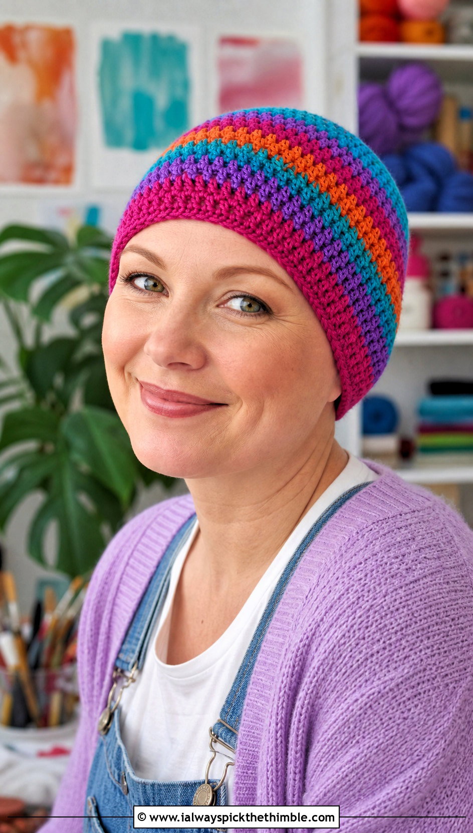 Granny Stripe Crochet Chemo Cap With Overalls - 20 Easy Crochet Chemo Hats outfit ideas