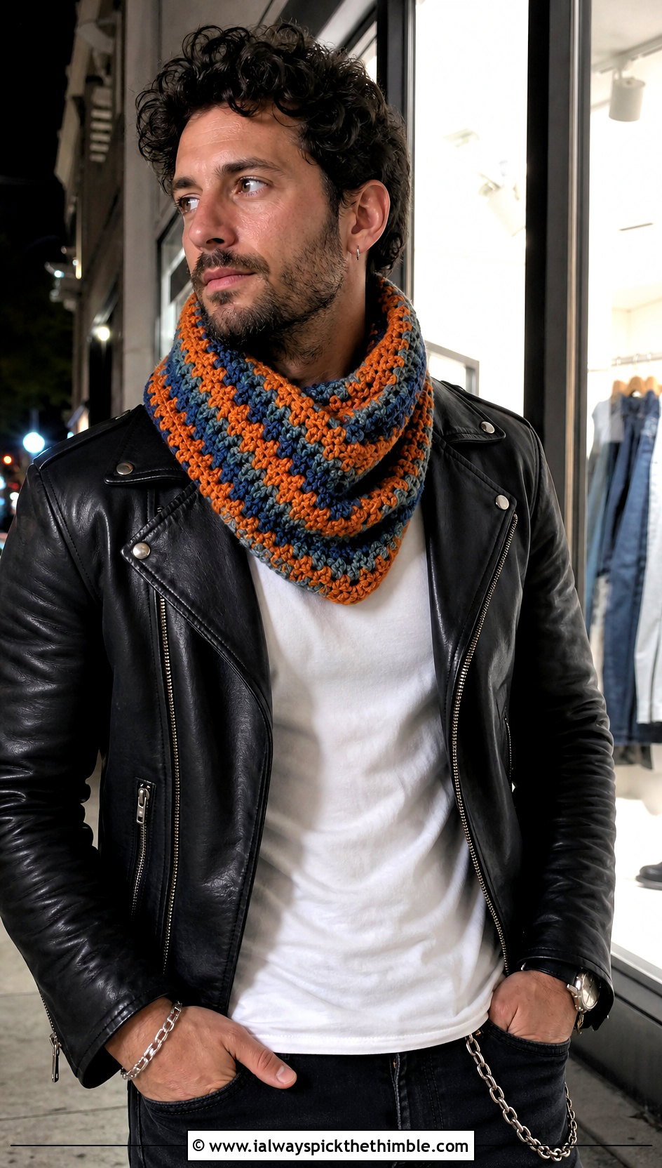Granny Stripe Crochet Cowl With Leather Jacket - 20 Men Crochet Cowl outfit ideas