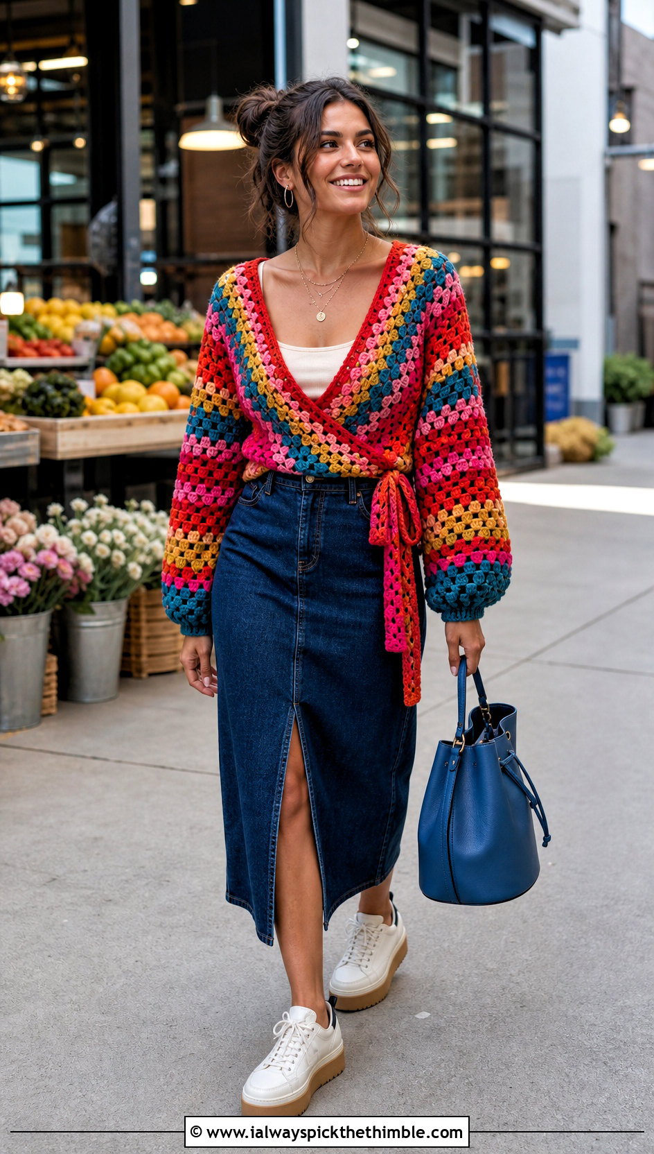 Granny Stripe Crochet Crossover Sweater With Denim Midi Skirt - 15 Crochet Crossover Sweater outfit ideas