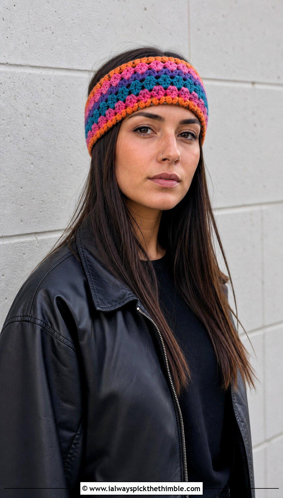 Granny Stripe Crochet Crown Ear Warmer With Leather Jacket And Black Jeans - 20 crochet crown ear warmer outfit ideas