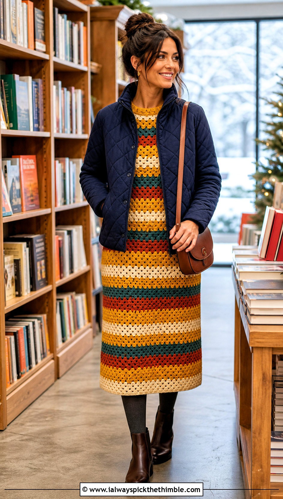 Granny Stripe Crochet Dress With Quilted Jacket - 20 crochet dress for winter outfit ideas