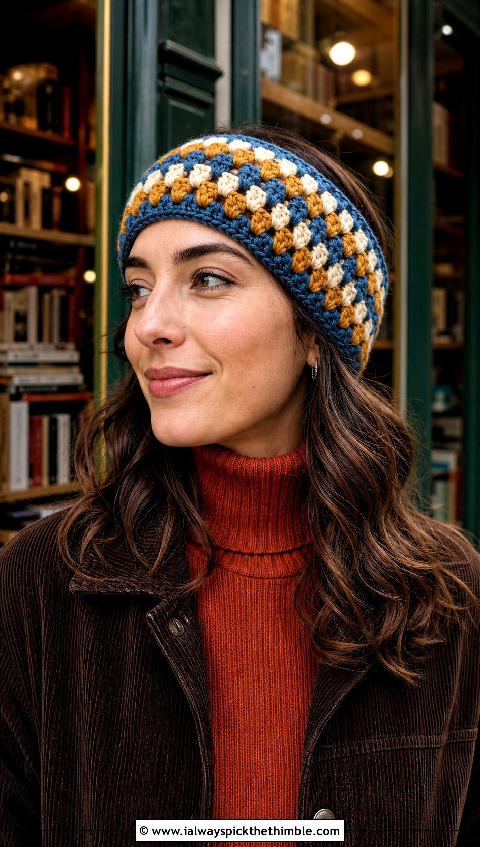 Granny Stripe Crochet Ear Warmer Headband With Corduroy Jacket - 20 crochet ear warmer headband outfit ideas
