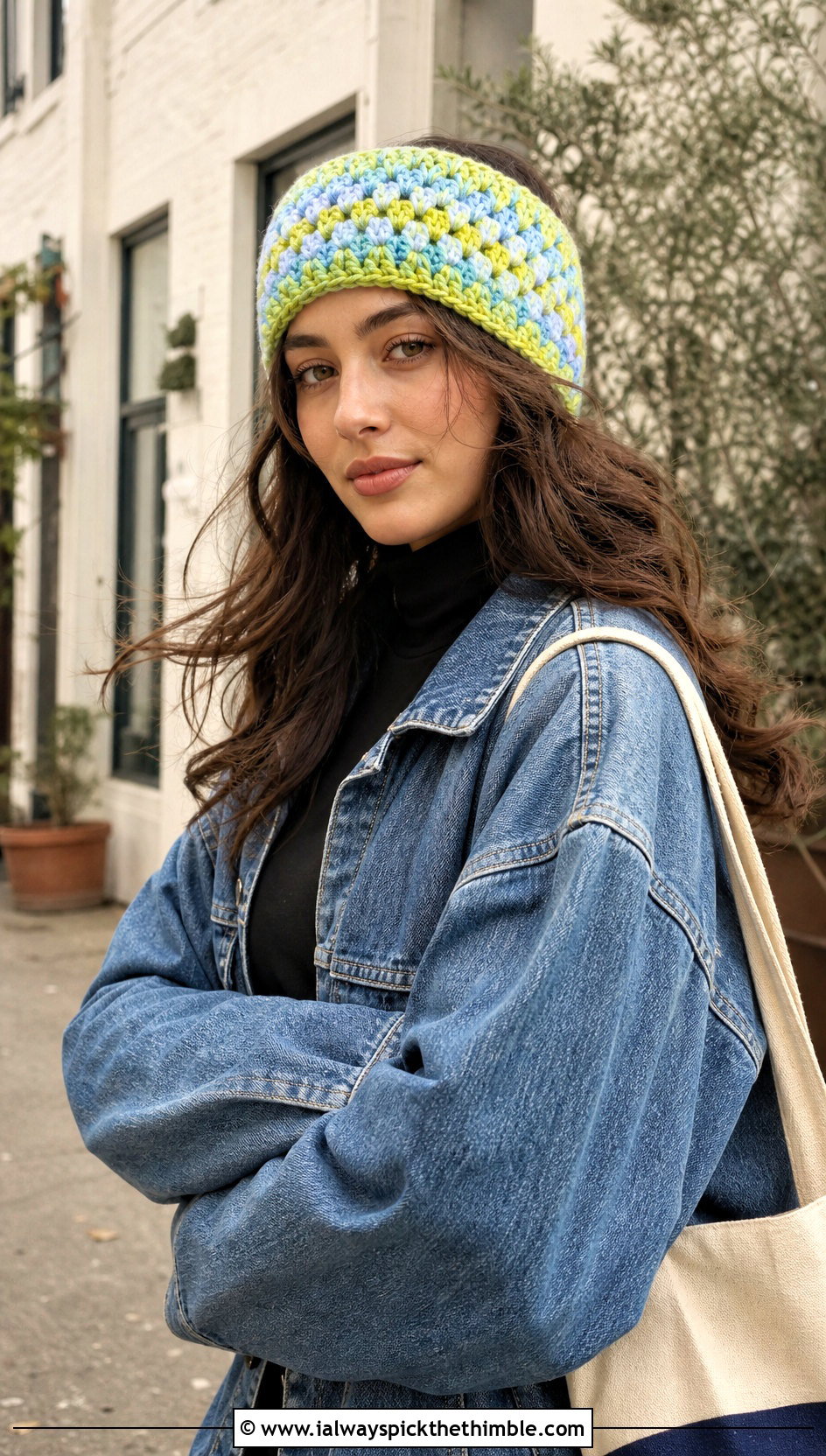 Granny Stripe Crochet Ear Warmer With Denim Jacket - 20 Diy Crochet Headband Ear Warmers outfit ideas