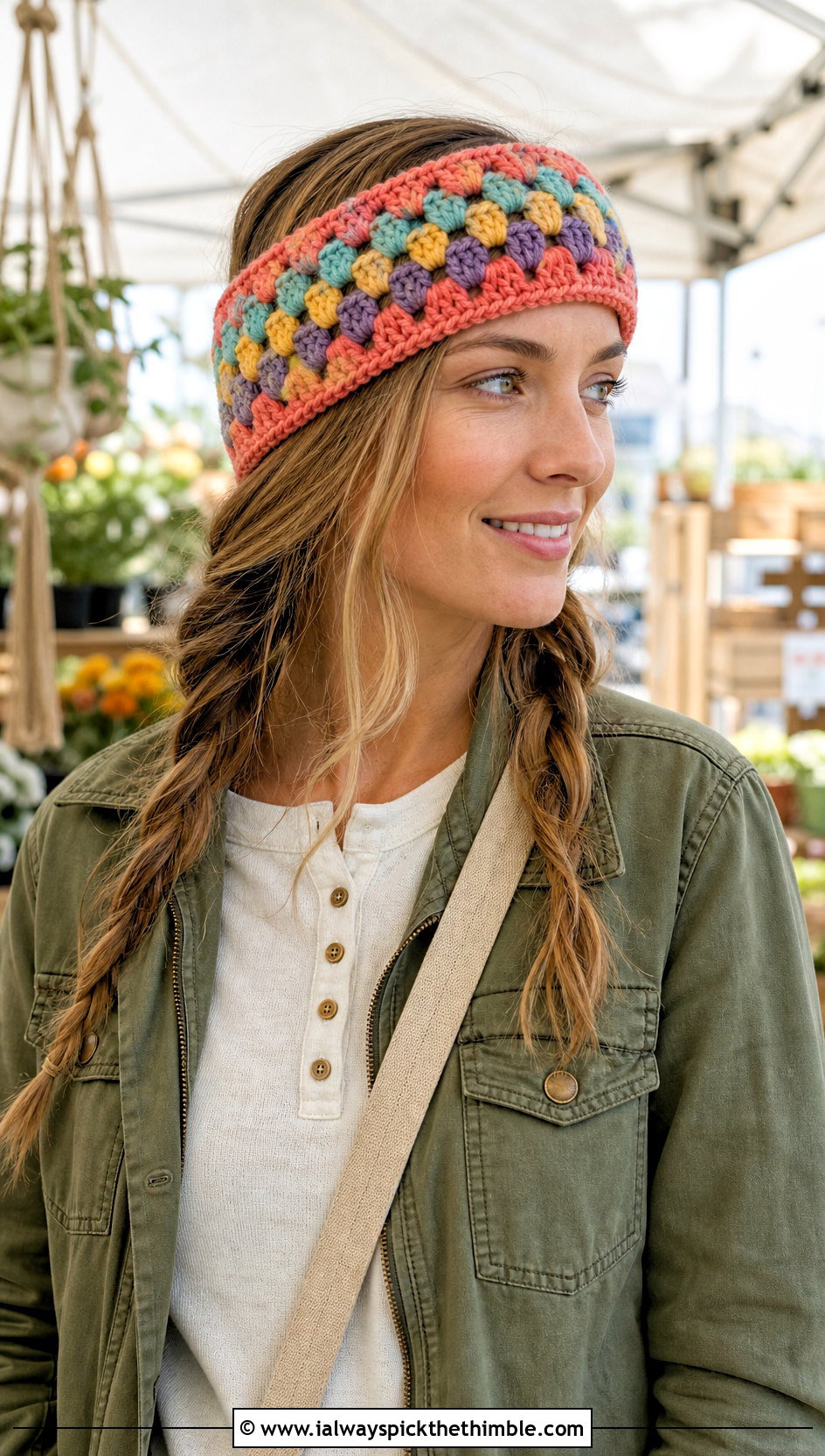 Granny Stripe Crochet Ear Warmer With Utility Jacket - 25 crochet ear warmer outfit ideas