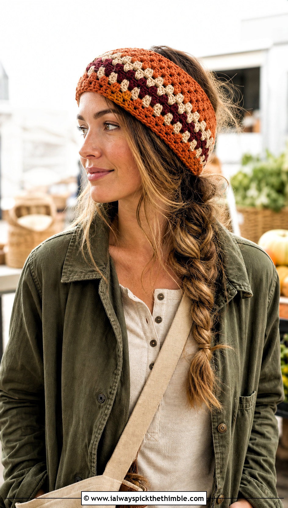 Granny Stripe Crochet Ear Warmer With Utility Jacket - 25 Easy Crochet Ear Warmer outfit ideas
