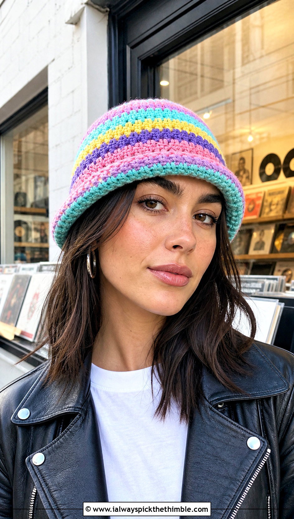Granny Stripe Crochet Fisherman Beanie With Leather Jacket - 25 crochet fisherman beanie outfit ideas