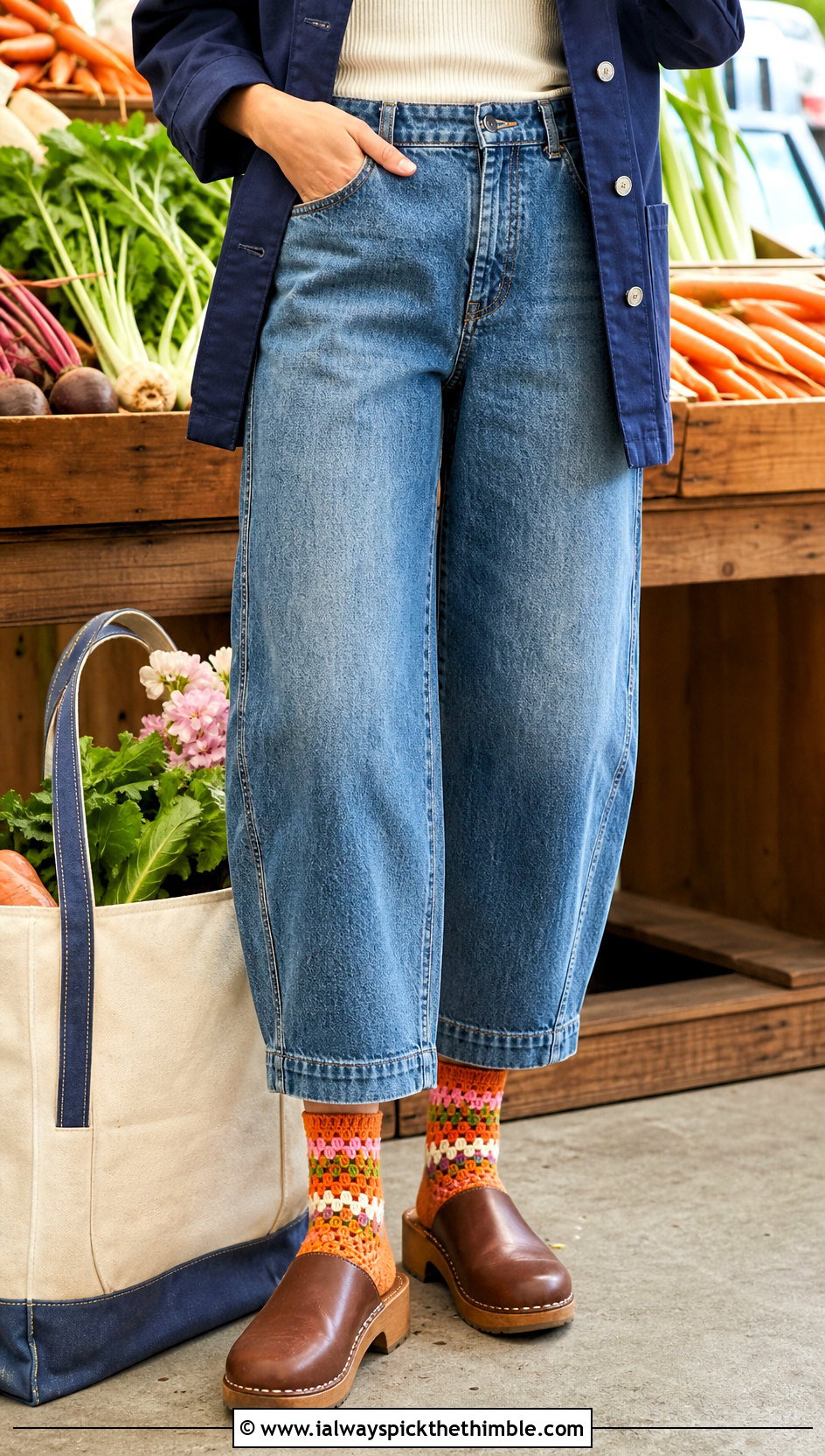 Granny Stripe Crochet Flat Socks With Clogs And Barrel Jeans - 20 Crochet Flat Socks outfit ideas
