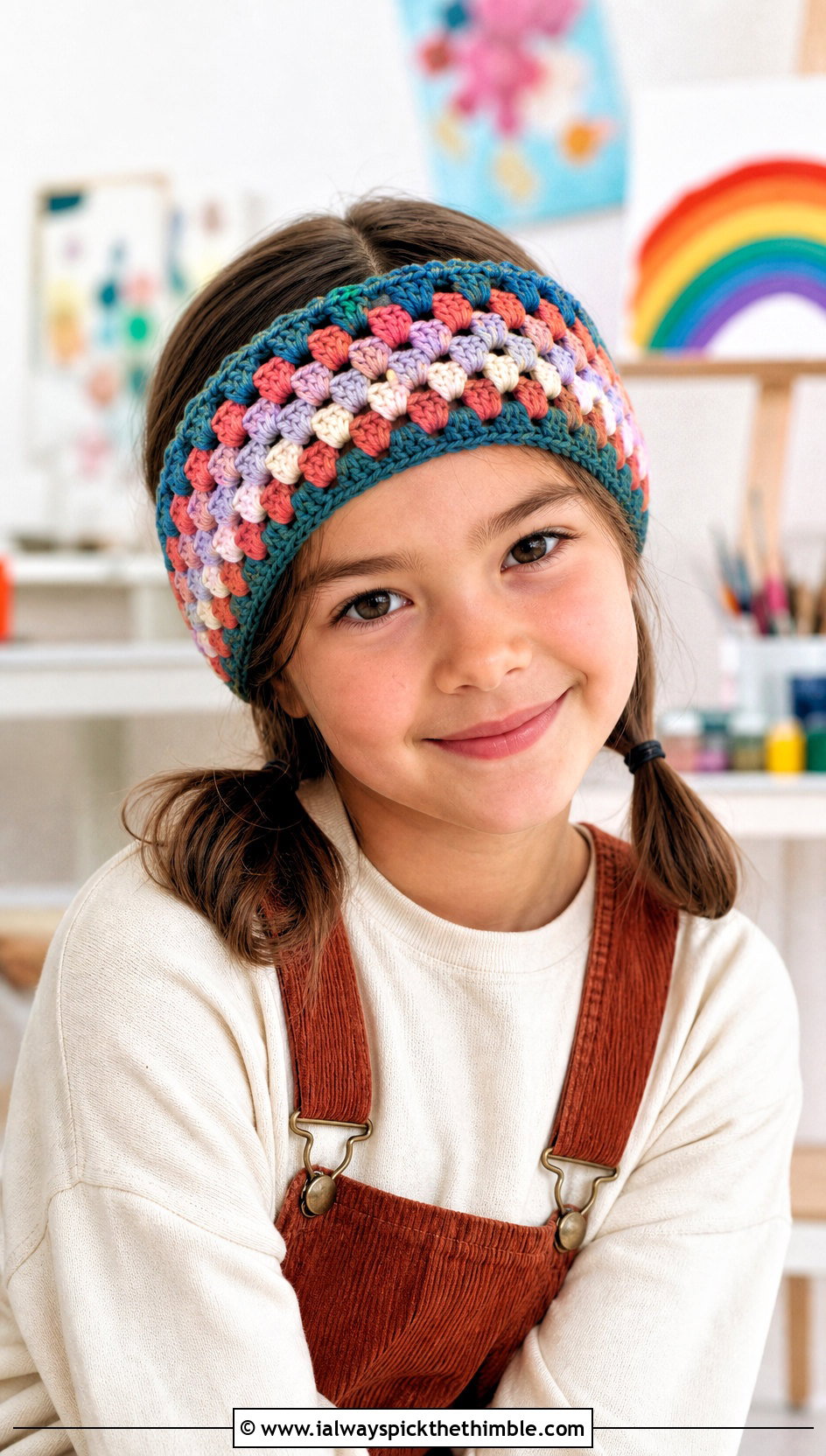 Granny Stripe Crochet Headband With Corduroy Overalls - 15 Childrens Crochet Headband outfit ideas