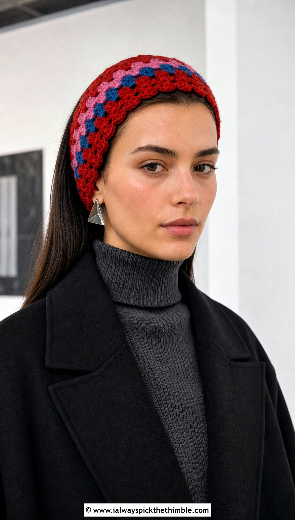 Granny Stripe Crochet Headband With Minimalist Black Outfit - 25 winter crochet headband outfit ideas