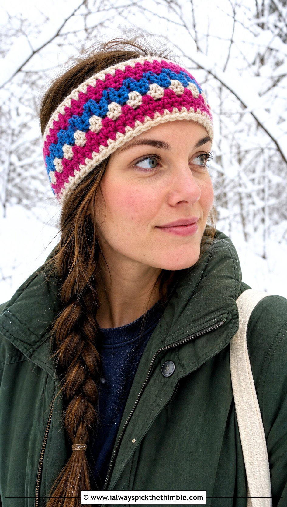Granny Stripe Crochet Headband With Parka And Jeans - 20 Easy Crochet Winter Headband outfit ideas