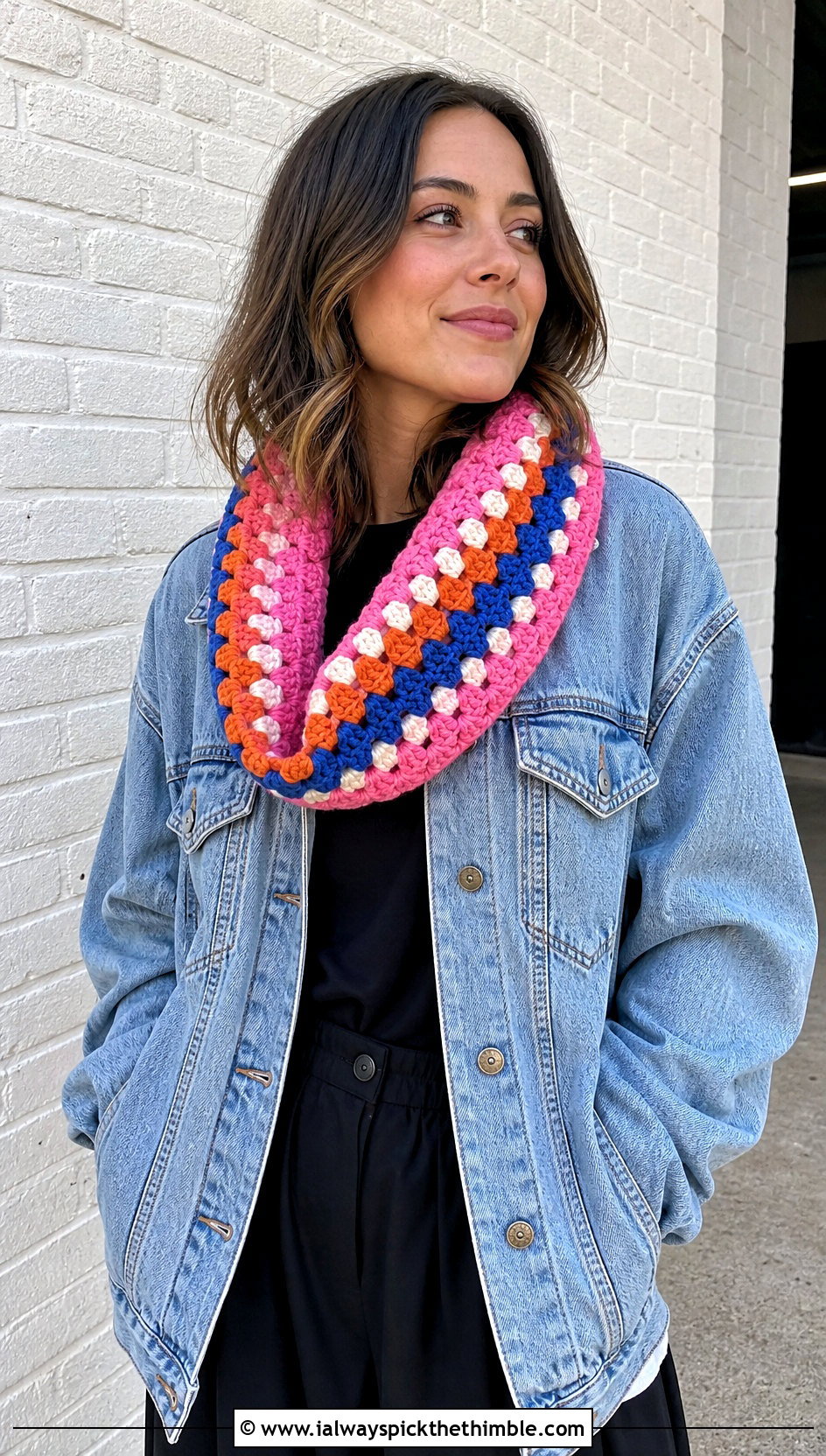 Granny Stripe Crochet Infinity Scarf With Denim Jacket - 20 crochet infinity scarves outfit ideas