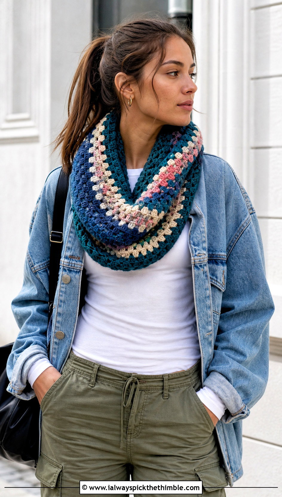 Granny Stripe Crochet Infinity Scarf With Denim Jacket And Cargo Pants - 15 Crochet Infinity Scarf On Hanger outfit ideas
