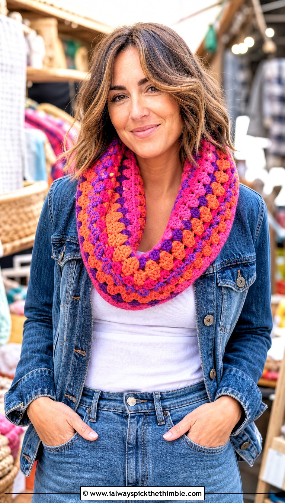 Granny Stripe Crochet Infinity Scarf With Denim Jacket - 15 Striped Crochet Infinity Scarf outfit ideas